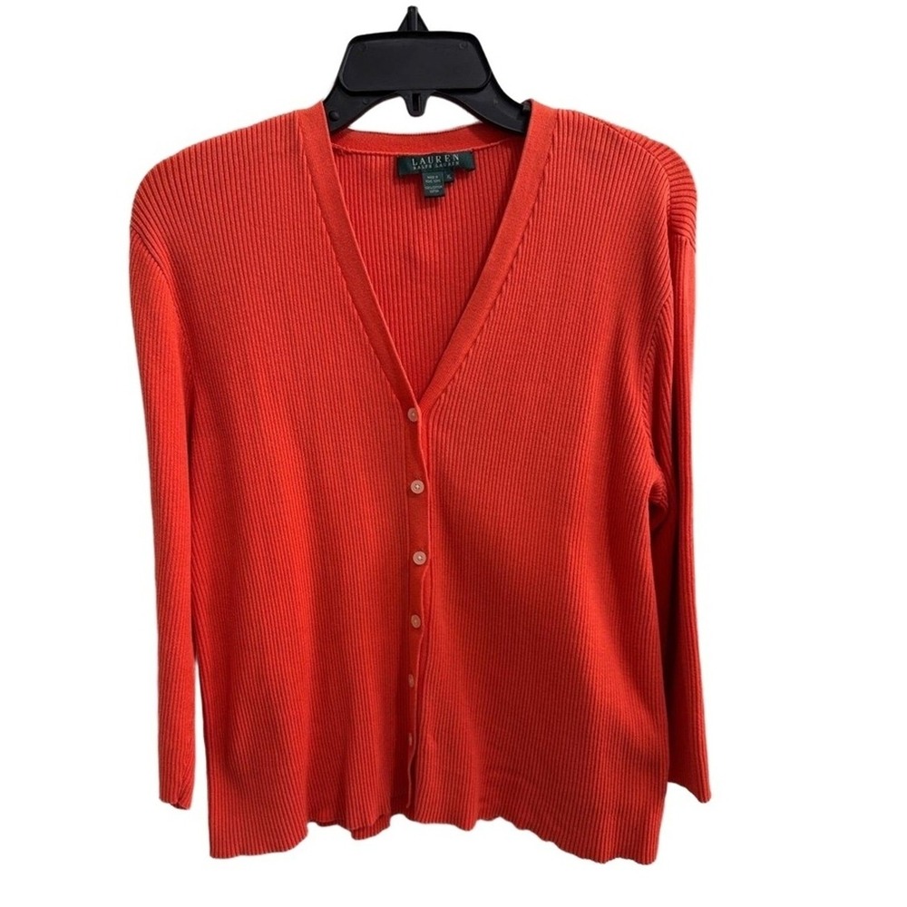 Lauren Ralph Lauren Cardigan Womens XL Orange Red Ribbed Cotton Sweater Button